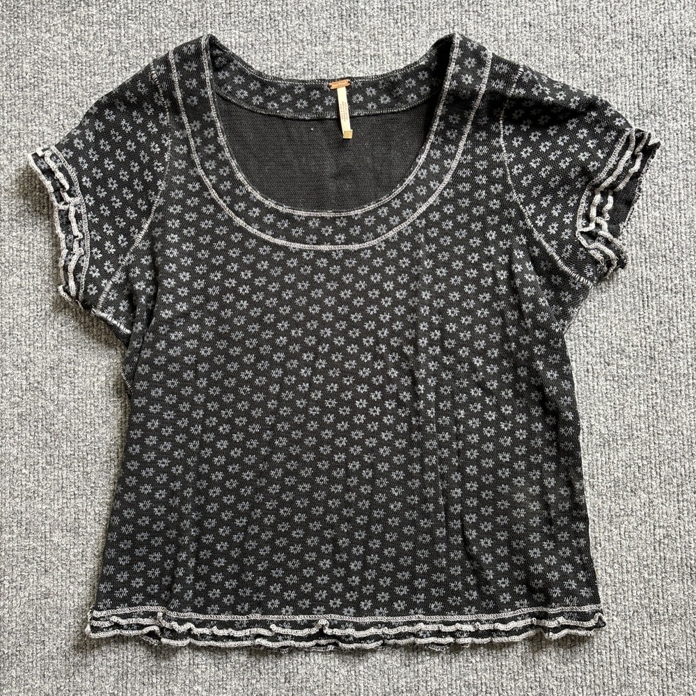 Free People Garner Tee Shirt Floral Ruffle Short Sleeve Black Medium Cotton